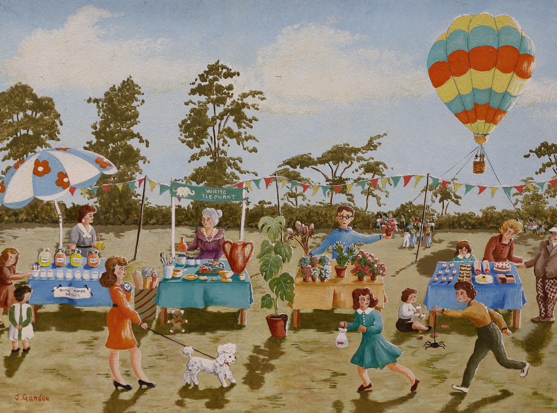 Joyce Gandee, two oils on board, 'Cottage Garden scene' and 'The Village Fete', 23 x 29cm and 30 x 40cm